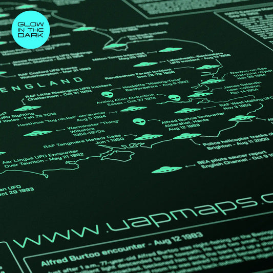 UK UFO & Alien Encounters Map - Glow in the Dark Poster