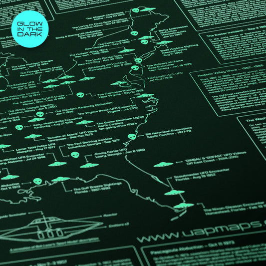 Glow-in-the-dark map with UFO sightings and related text on a black background