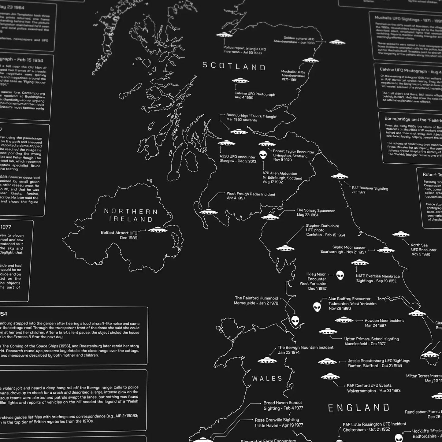 UK UFO & Alien Encounters Map - Glow in the Dark Poster
