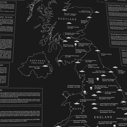 UK UFO & Alien Encounters Map - Glow in the Dark Poster