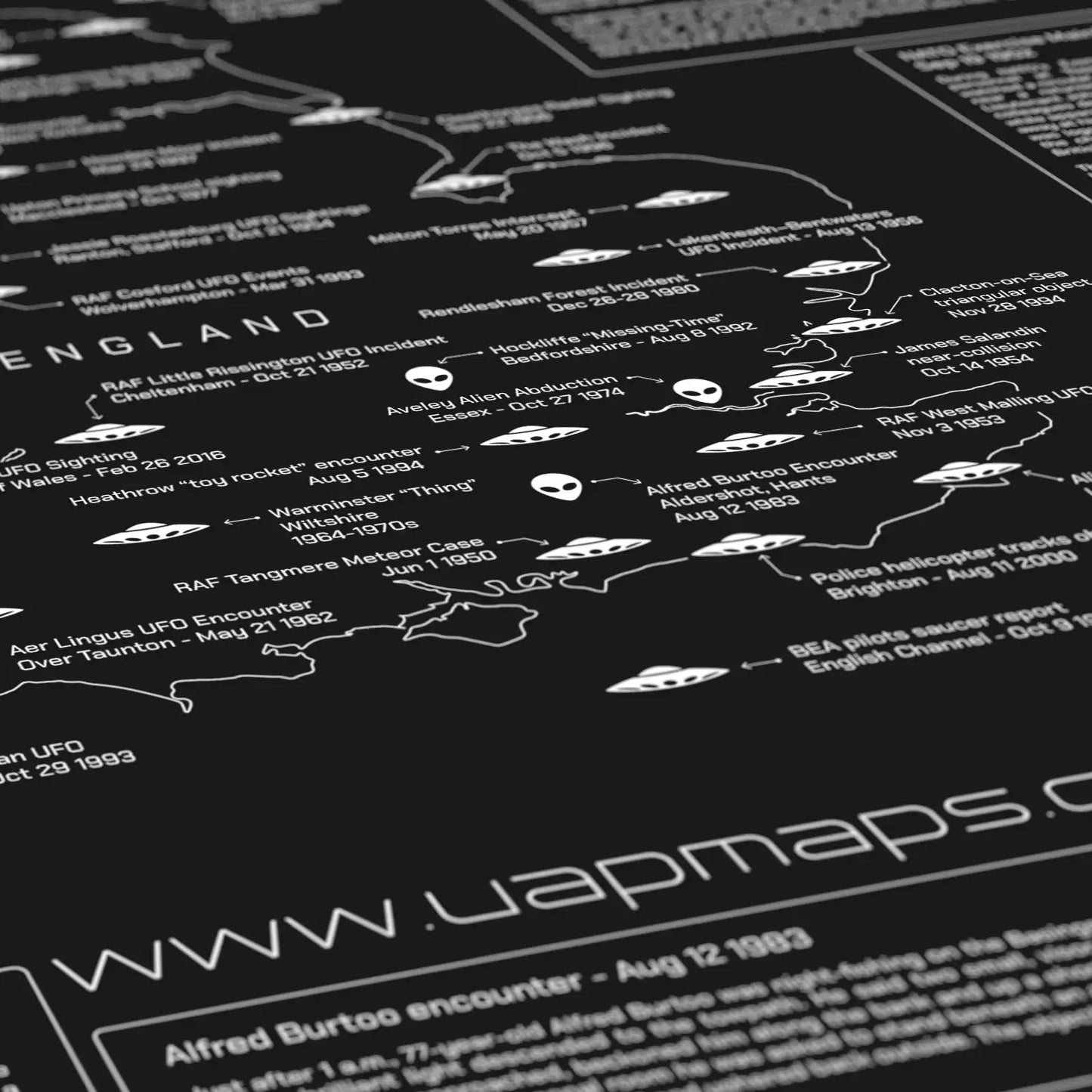 UK UFO & Alien Encounters Map - Glow in the Dark Poster