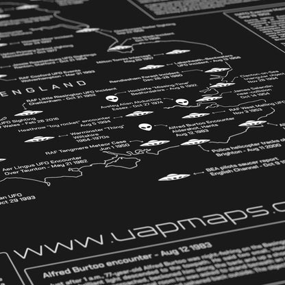 UK UFO & Alien Encounters Map - Glow in the Dark Poster