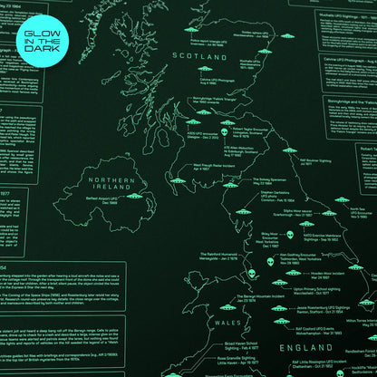 UK UFO & Alien Encounters Map - Glow in the Dark Poster