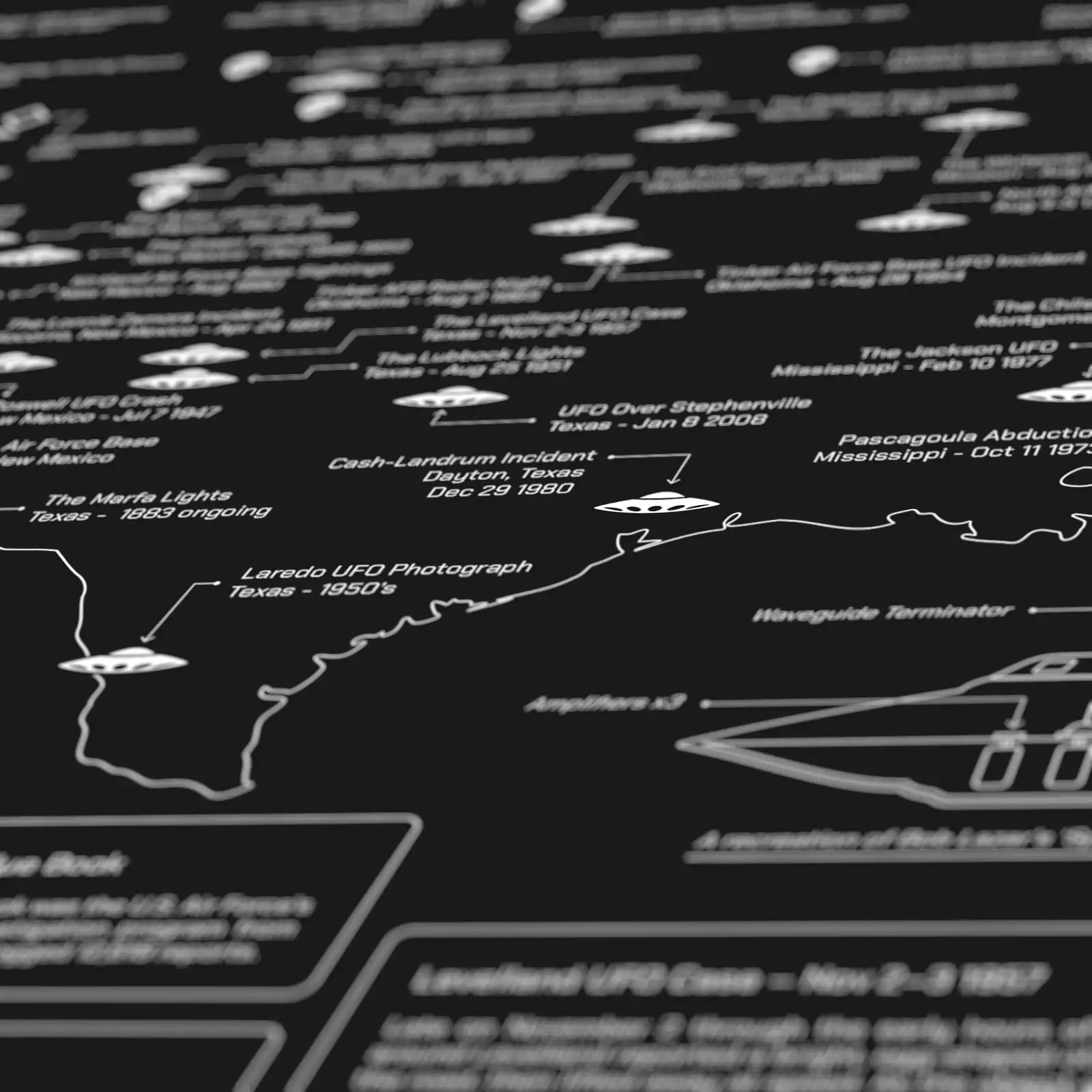 Map with UFO sightings and related events on a black background