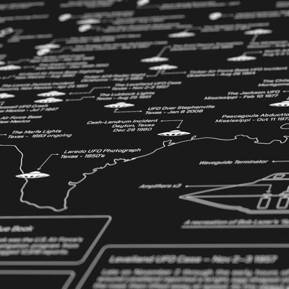 Map with UFO sightings and related events on a black background