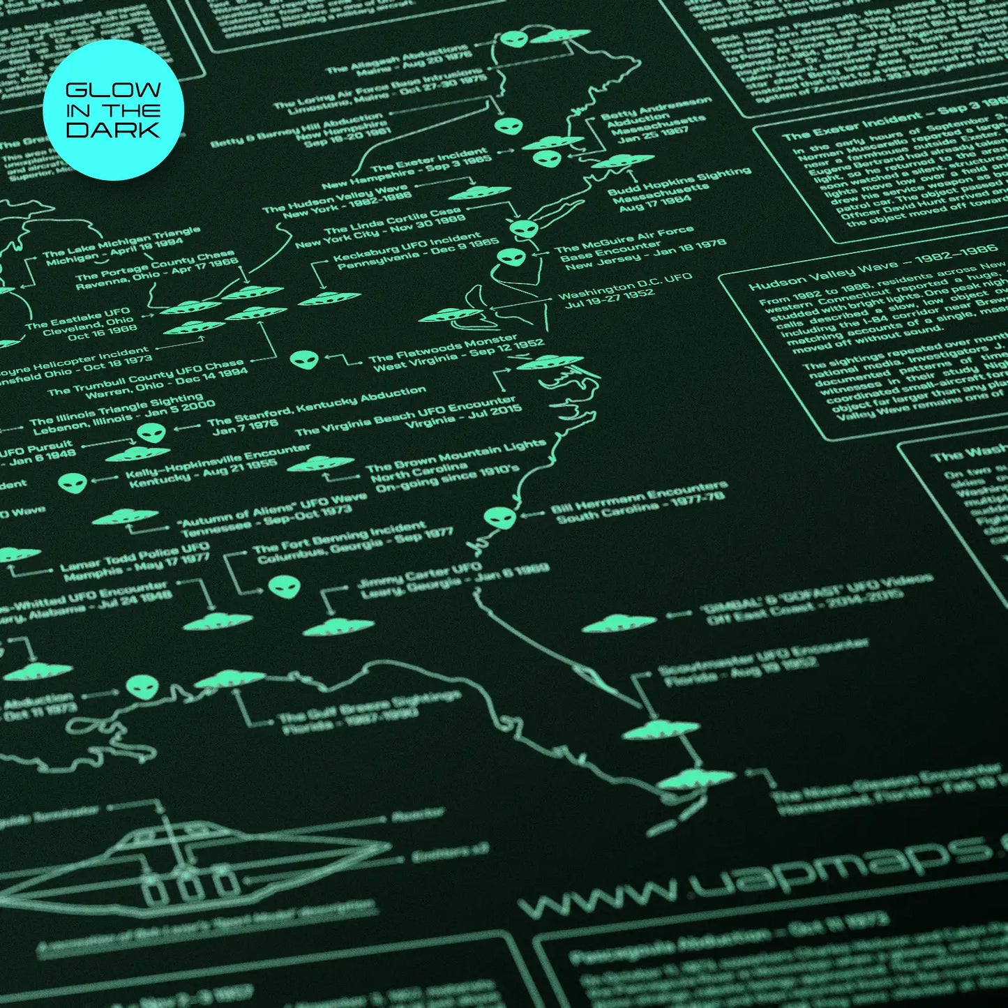 Glow-in-the-dark map with UFO sightings and related text on a black background