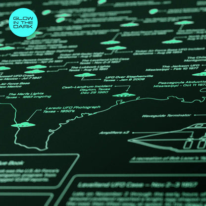 Glow-in-the-dark UFO map with text and graphics on a dark background