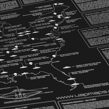Map of the United States with UFO sightings marked on a black background