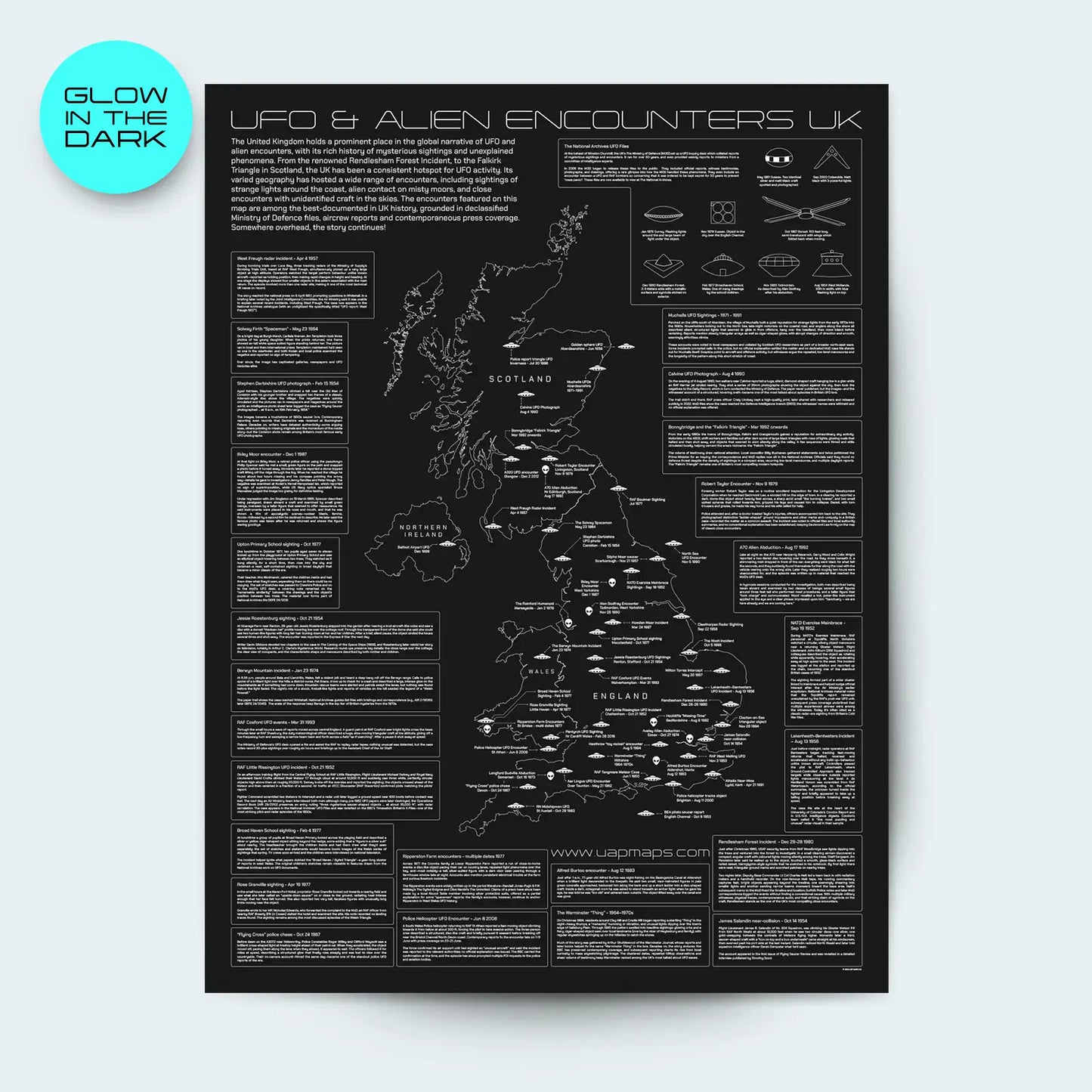 UK UFO & Alien Encounters Map - Glow in the Dark Poster