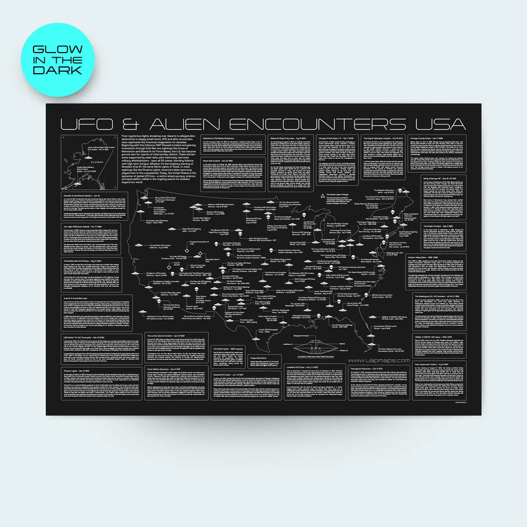 Map of UFO and alien encounters in the USA with glow-in-the-dark feature.