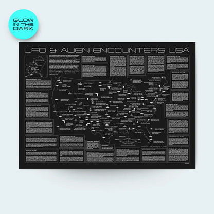 Map of UFO and alien encounters in the USA with glow-in-the-dark feature.