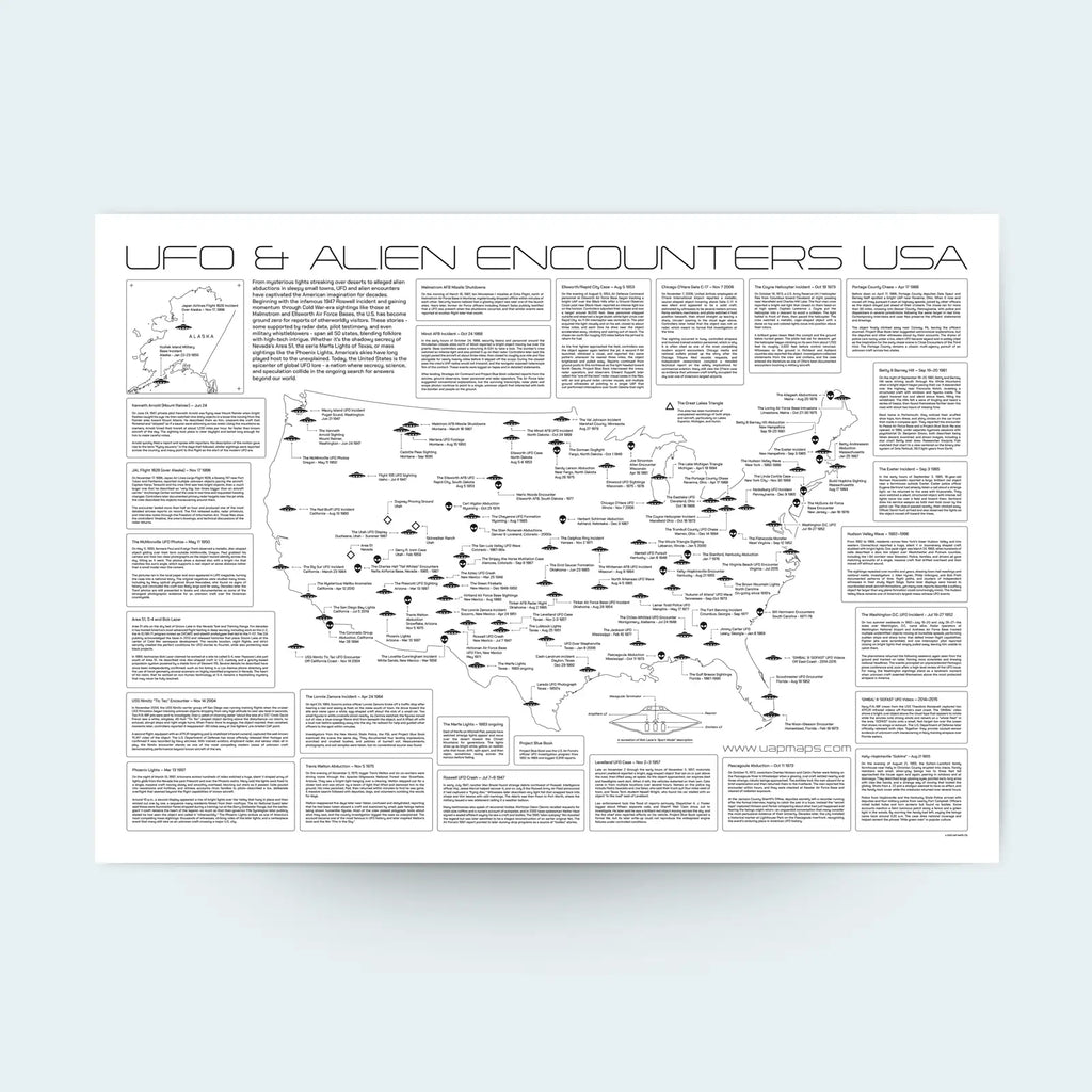 Map of UFO and alien encounters in the USA with text on a white background