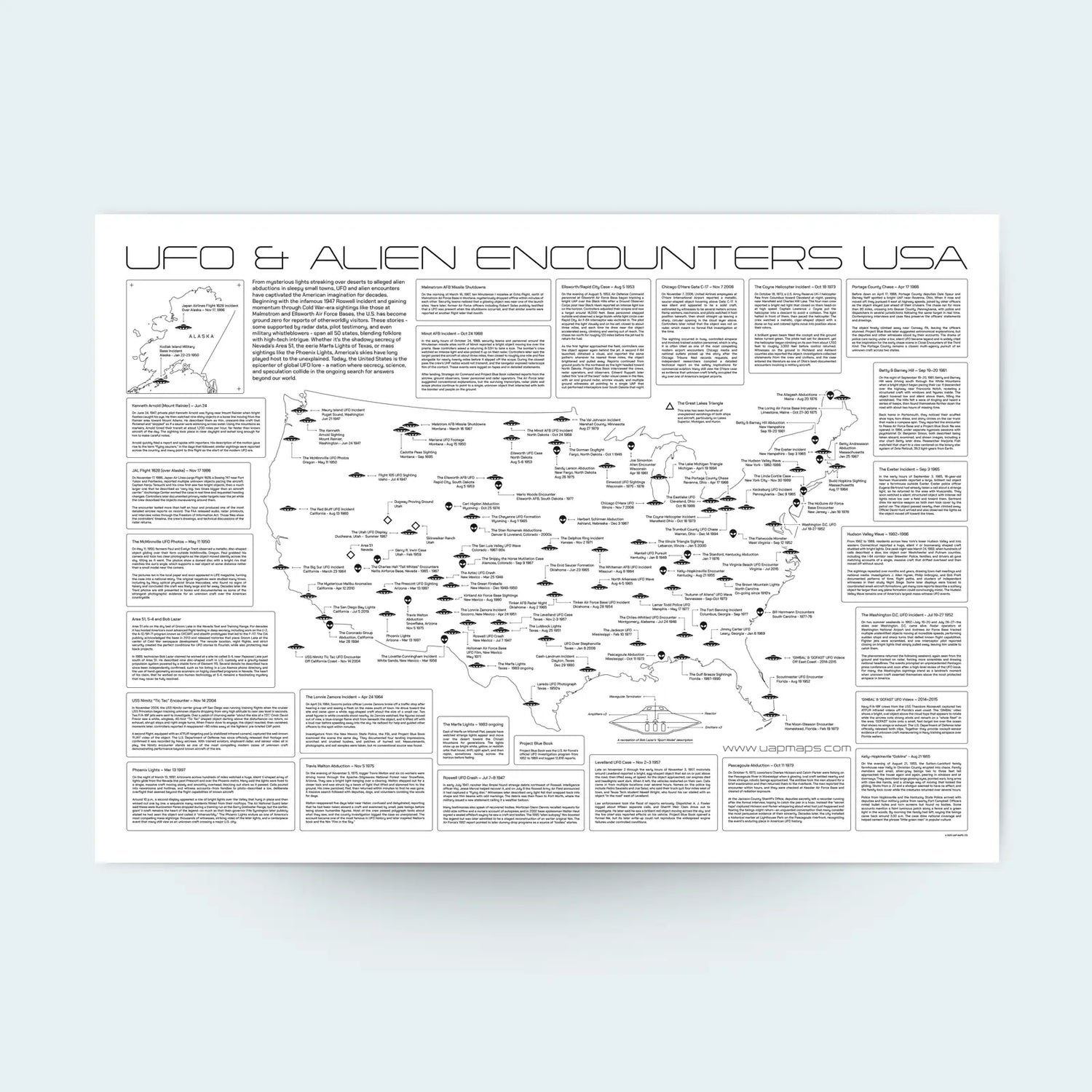Map of UFO and alien encounters in the USA with text on a white background