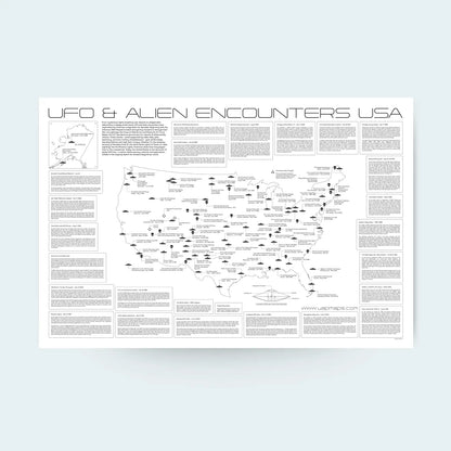 Map of UFO and alien encounters in the USA with text on a white background