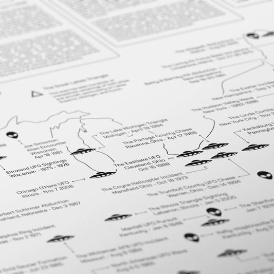 Close up of map of the USA with UFO and Alien Encounters
